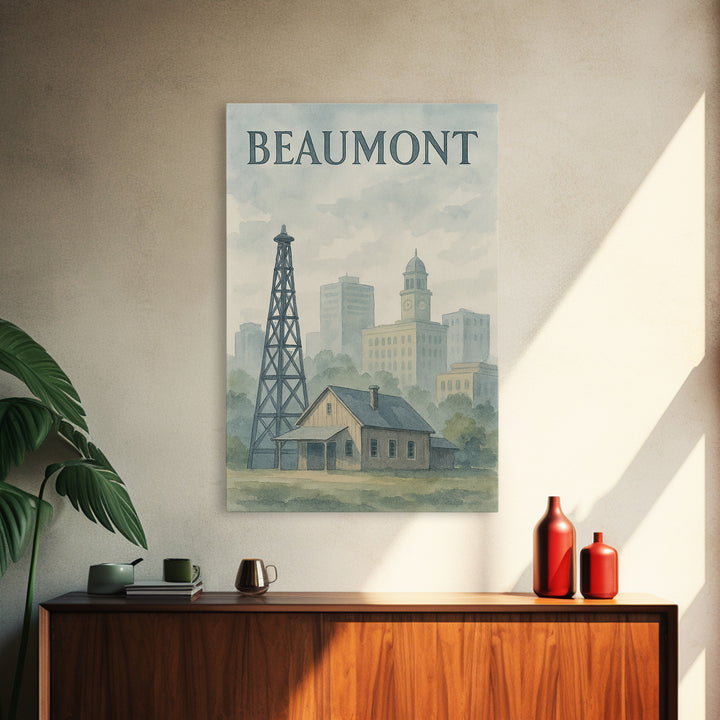 Beaumont Texas Travel Poster, Canvas Print, Painted Travel Poster Art, Beaumont Travel Art, Watercolor Urban Skyline, Living Room Wall Art