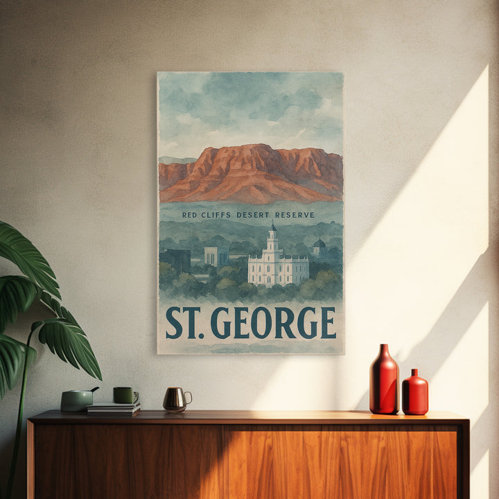 St George Travel Poster, Framed Canvas Print, Watercolor Cityscape Wall Art, St George City Art, Travel Poster Art, Watercolor Cityscape