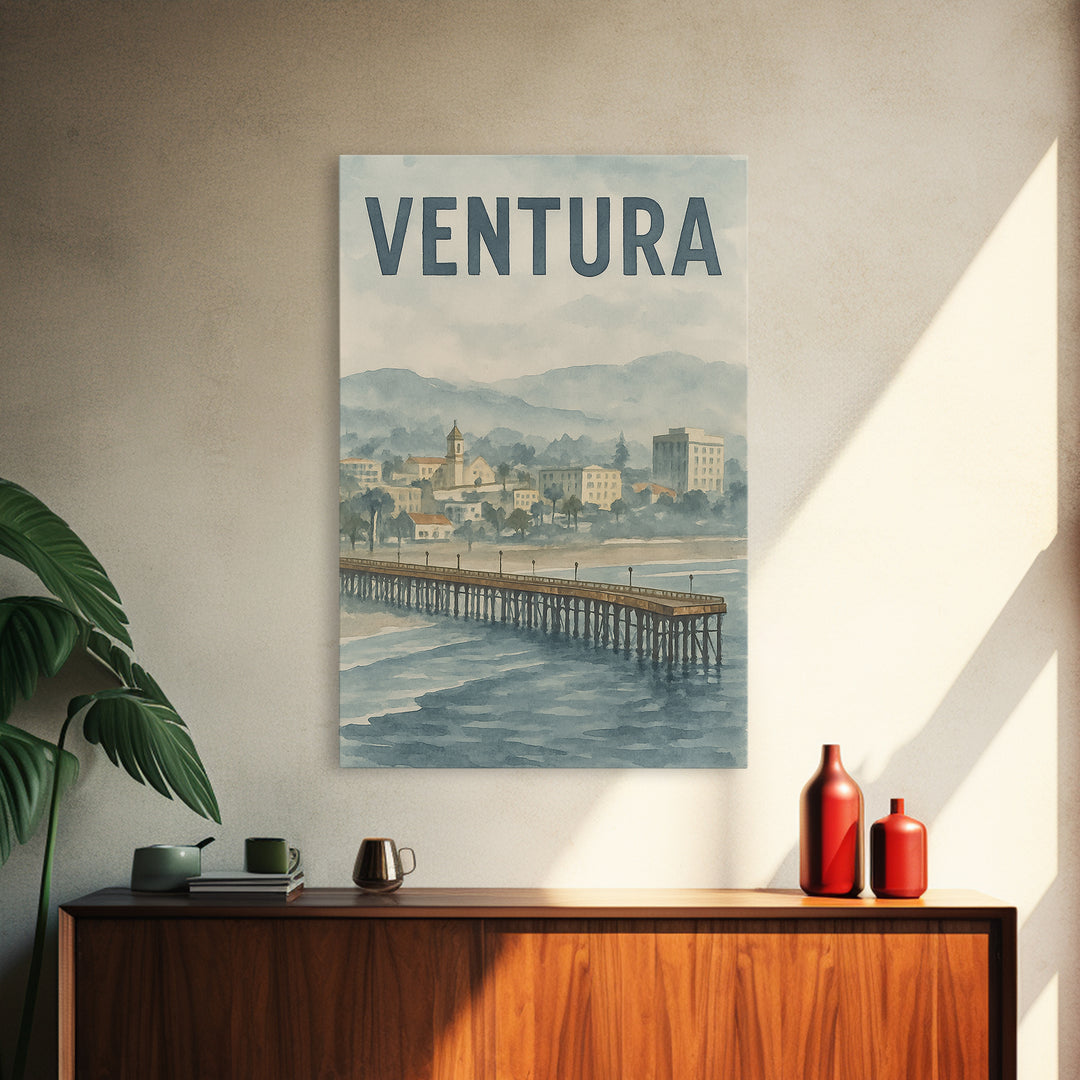 Ventura California Travel Poster, Framed Canvas Print, Soft Watercolor Travel Art, Ventura Wall Art, City Illustration, Travel Poster Set