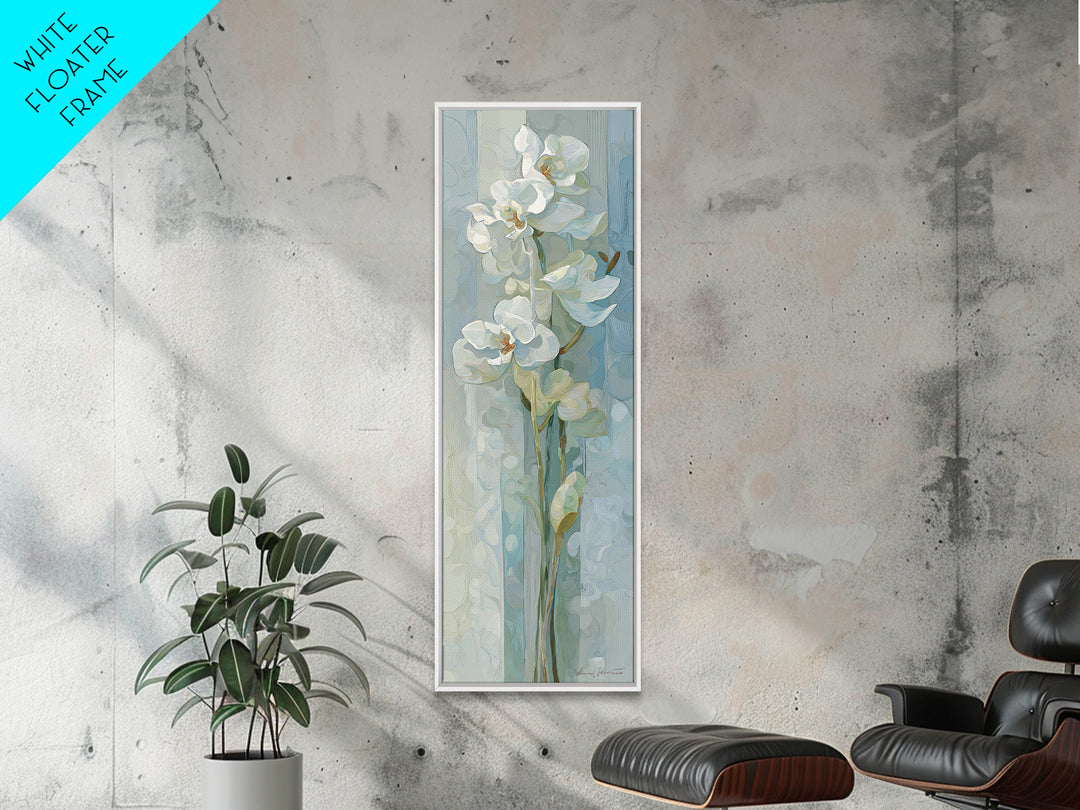 White Orchid on Light Gray Ground Framed Canvas Print, Waiting Room Art, Art, Waiting Room Decor, Fine Art, Calm, Bauhaus Print, WRA-1x3-19