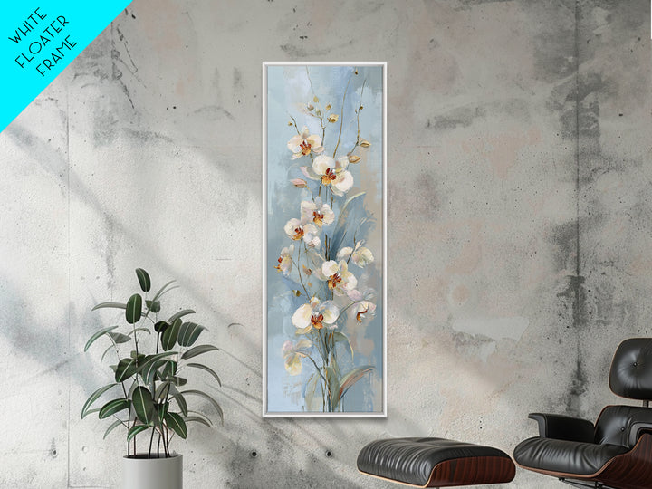 White Orchid on Light Gray Ground Framed Canvas Print, Waiting Room Art, Minimalist Art, Waiting Room Decor, Oil Painting, Calm, WRA-1x3-91