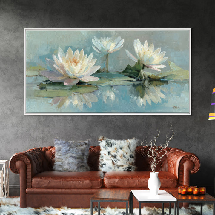 Lotus Flower on Still Water Framed Canvas Print, Waiting Room Art, Office Art, Waiting Room Decor, Calm, Gallery Decor, WRA-2x1-11