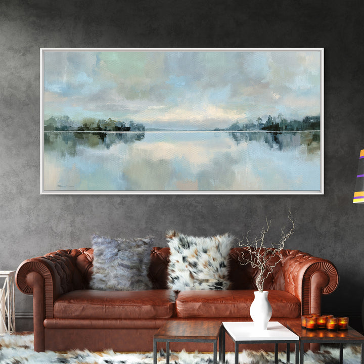 Peaceful Lake Reflection at Dawn Framed Canvas Print, Waiting Room Art, Waiting Room Decor, Oil Painting, Calm, WRA-2x1-24