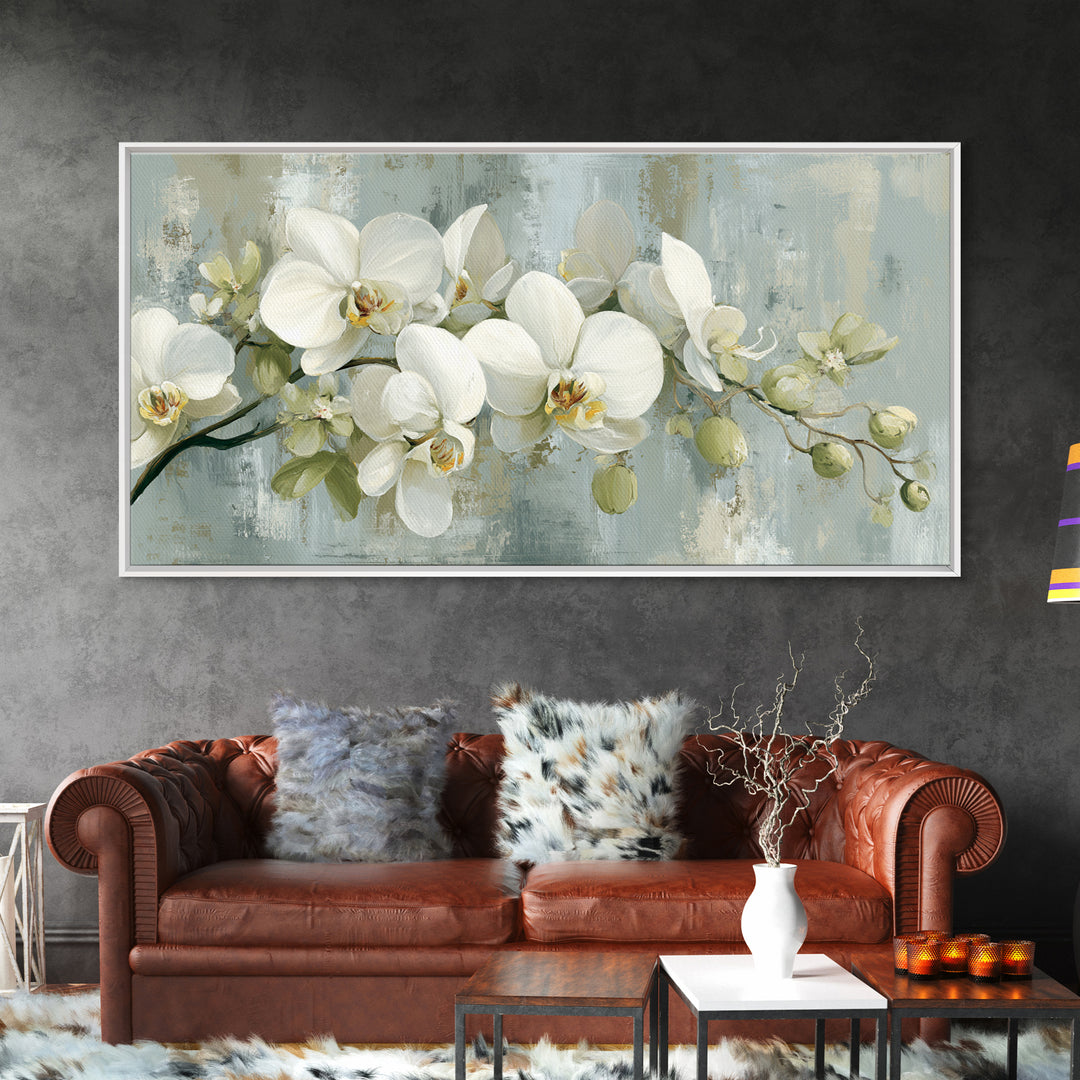 White Orchid on Light Gray Ground Framed Canvas Print, Waiting Room Art, Fine Art Print, Waiting Room Decor, Oil Painting, Calm, WRA-2x1-27