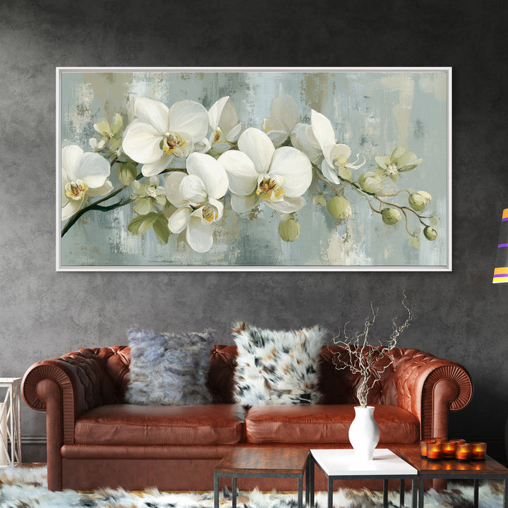 White Orchid on Light Gray Ground Framed Canvas Print, Waiting Room Art, Fine Art Print, Waiting Room Decor, Oil Painting, Calm, WRA-2x1-27