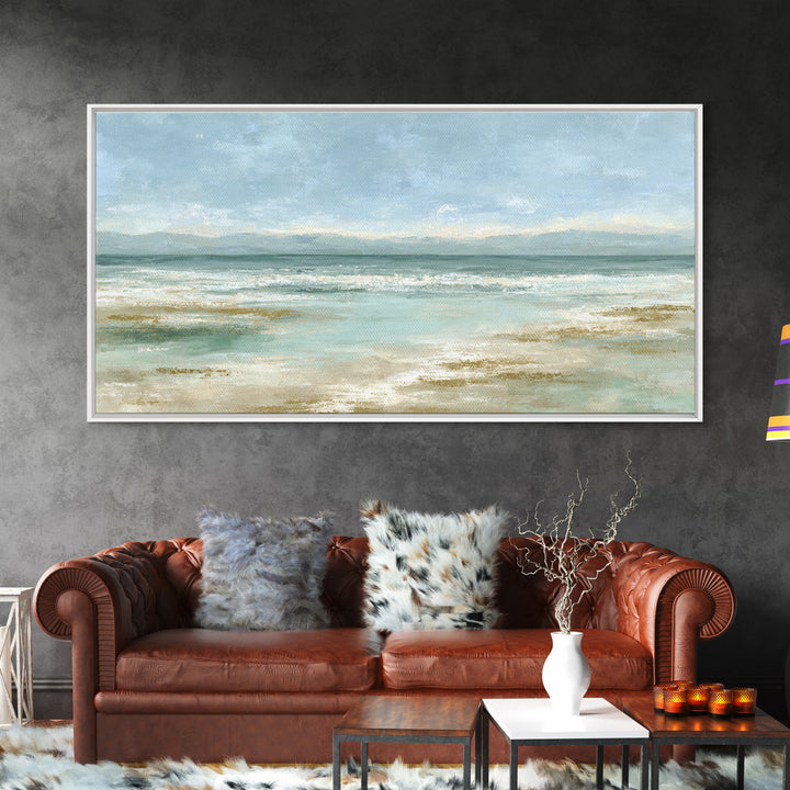 Coastal Horizon with Pale Sand and Water Framed Canvas Print, Waiting Room Art, Art, Waiting Room Decor, Fine Art, Calm, WRA-2x1-29