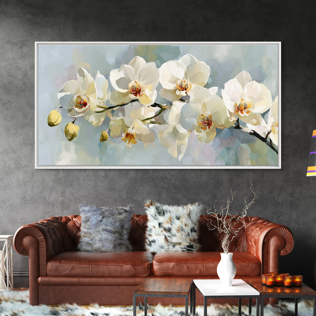 White Orchid on Light Gray Ground Framed Canvas Print, Waiting Room Art, Wall Sculpture, Waiting Room Decor, Fine Art, Calm, WRA-2x1-3