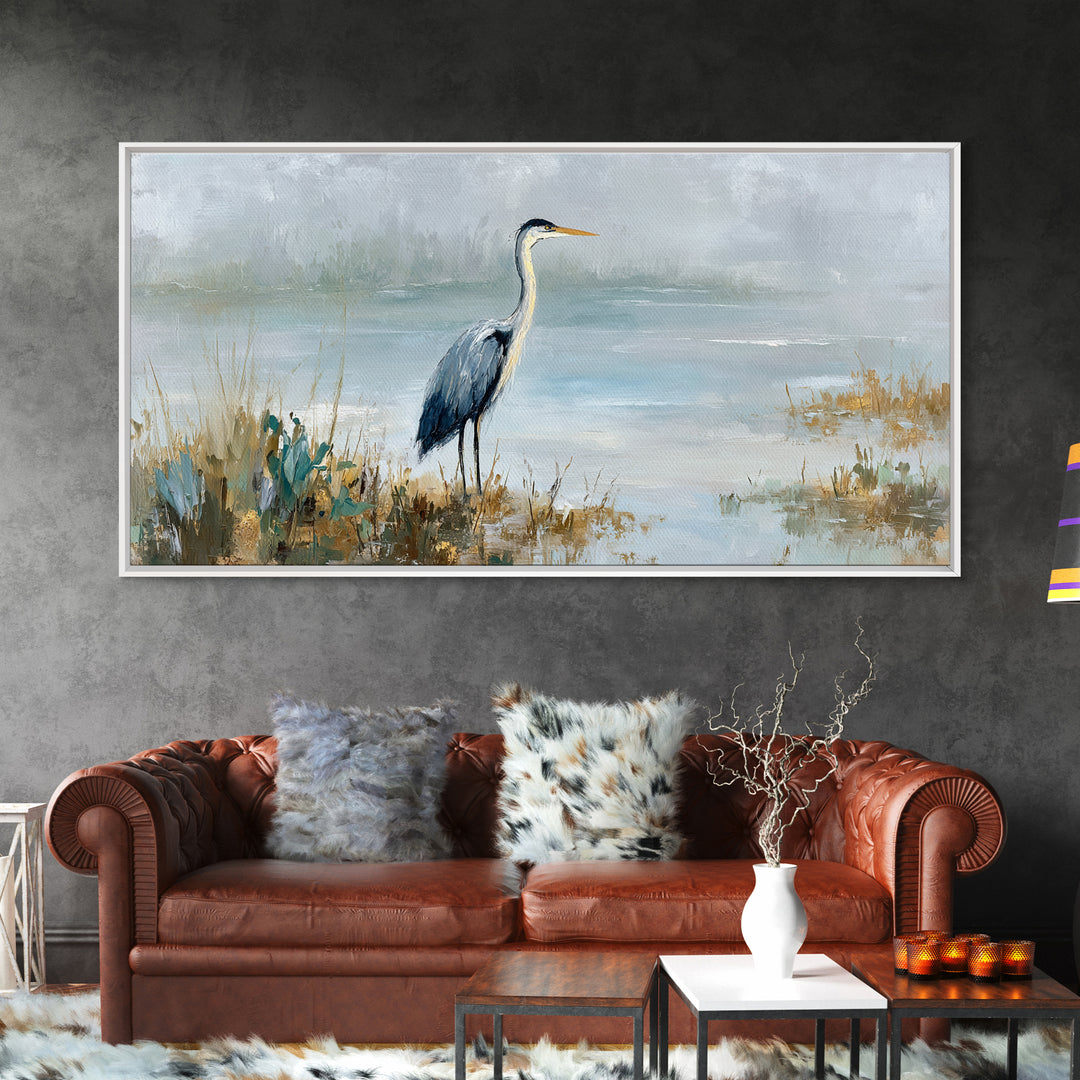 Blue Heron in Quiet Marsh Canvas Print, Waiting Room Art, Waiting Room Decor, Oil Painting, Calm, Living Room Wall Art, WRA-2x1-32