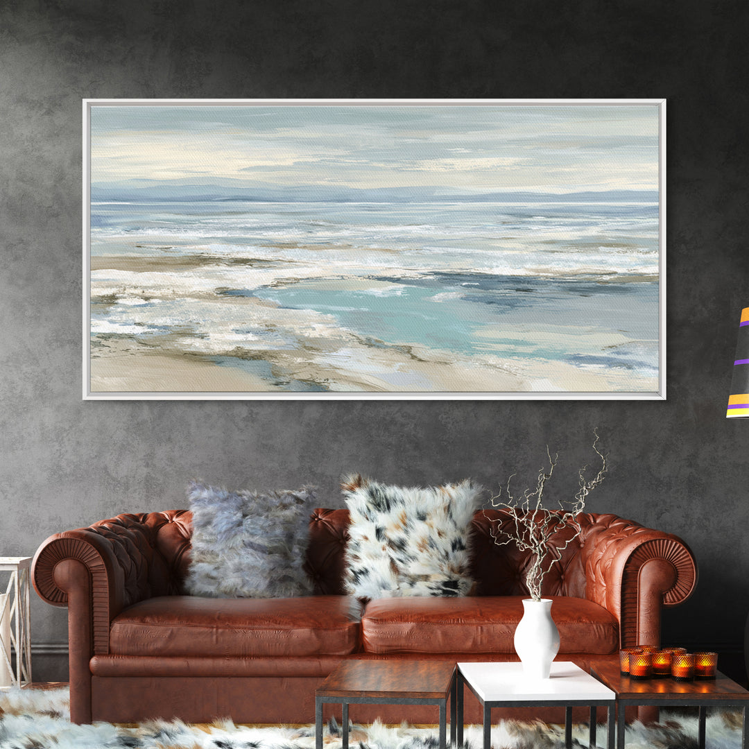 Coastal Horizon with Pale Sand and Water Framed Canvas Print, Waiting Room Art, Art, Waiting Room Decor, Fine Art, Calm, WRA-2x1-5