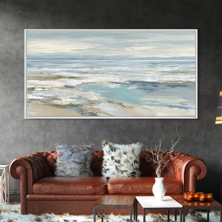 Coastal Horizon with Pale Sand and Water Framed Canvas Print, Waiting Room Art, Art, Waiting Room Decor, Fine Art, Calm, WRA-2x1-5