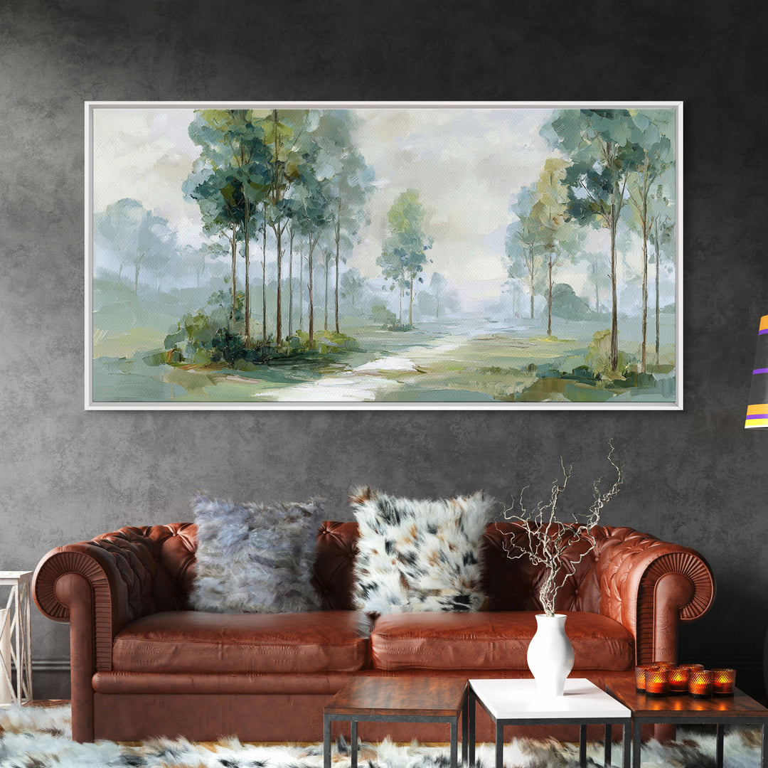 Misty Forest Path Framed Canvas Print, Waiting Room Art, Modern Art, Waiting Room Decor, Fine Art, Calm, Therapy Office Decor, WRA-2x1-55