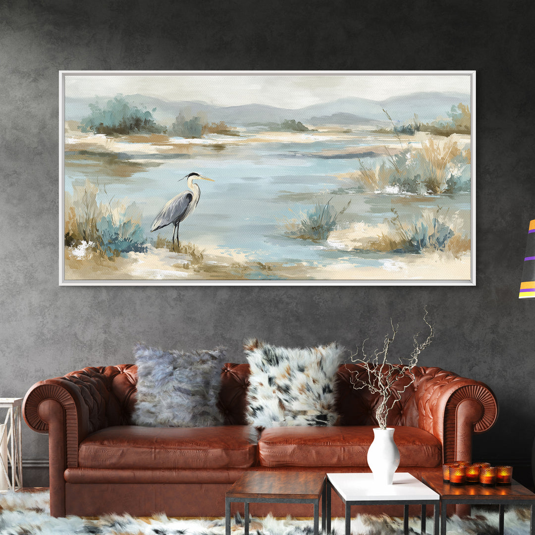 Blue Heron in Quiet Marsh Framed Canvas Print, Waiting Room Art, Office Decor, Waiting Room Decor, Calm, Gallery Wall Art, WRA-2x1-56