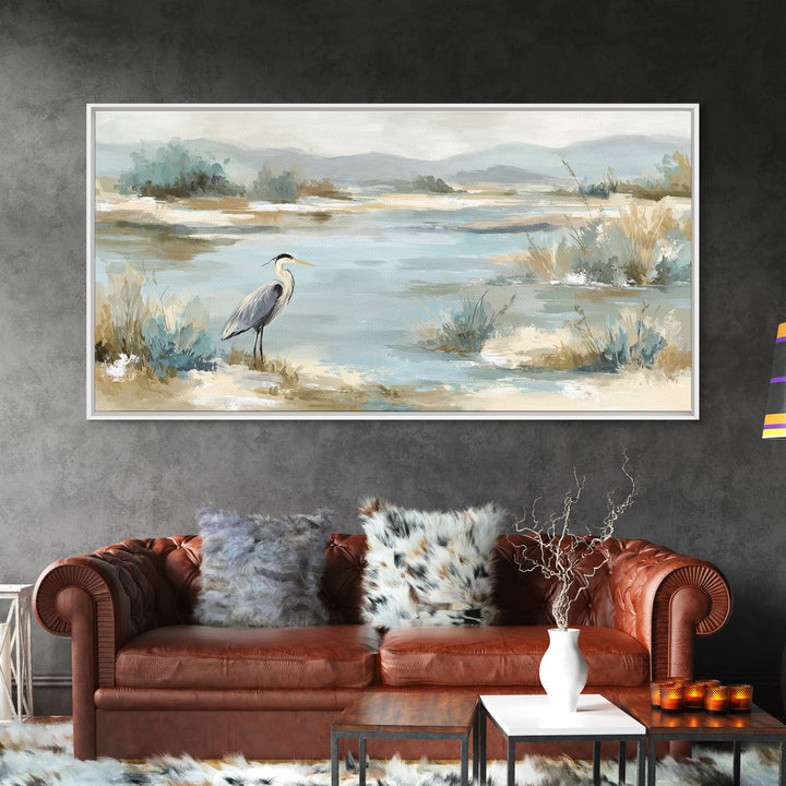 Blue Heron in Quiet Marsh Framed Canvas Print, Waiting Room Art, Office Decor, Waiting Room Decor, Calm, Gallery Wall Art, WRA-2x1-56