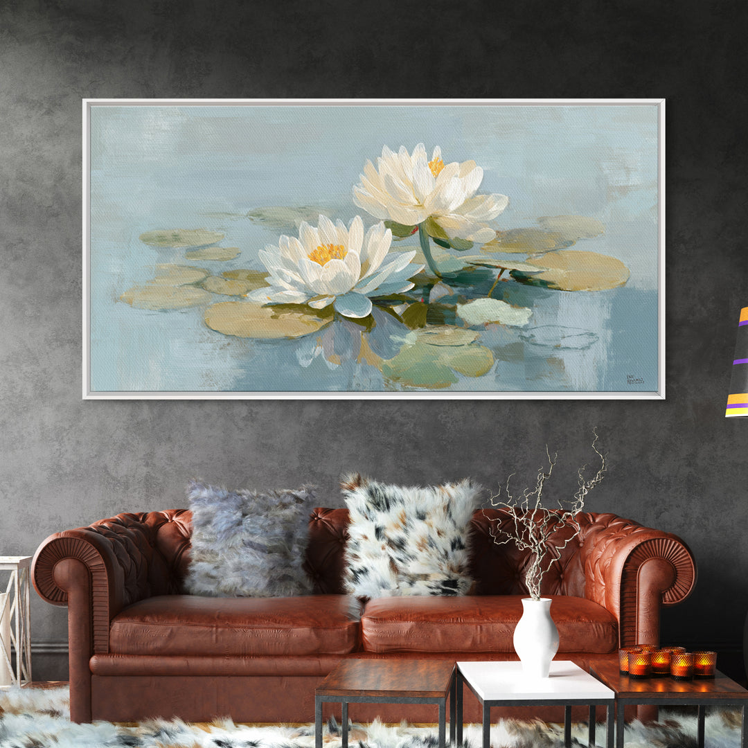 Lotus Flower on Still Water Framed Canvas Print, Waiting Room Art, Abstract, Waiting Room Decor, Watercolor Art, Calm, WRA-2x1-59