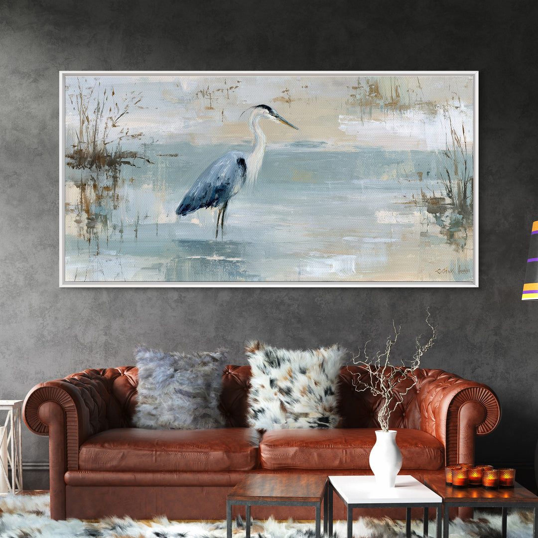Blue Heron in Quiet Marsh Framed Canvas Print, Waiting Room Art, Office Wall Decor, Waiting Room Decor, Fine Art, Calm, WRA-2x1-80