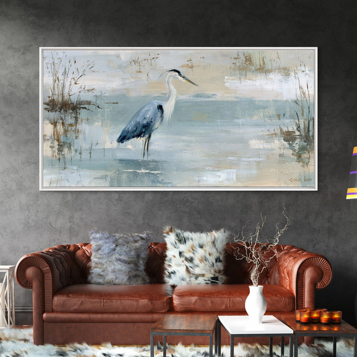 Blue Heron in Quiet Marsh Framed Canvas Print, Waiting Room Art, Office Wall Decor, Waiting Room Decor, Fine Art, Calm, WRA-2x1-80