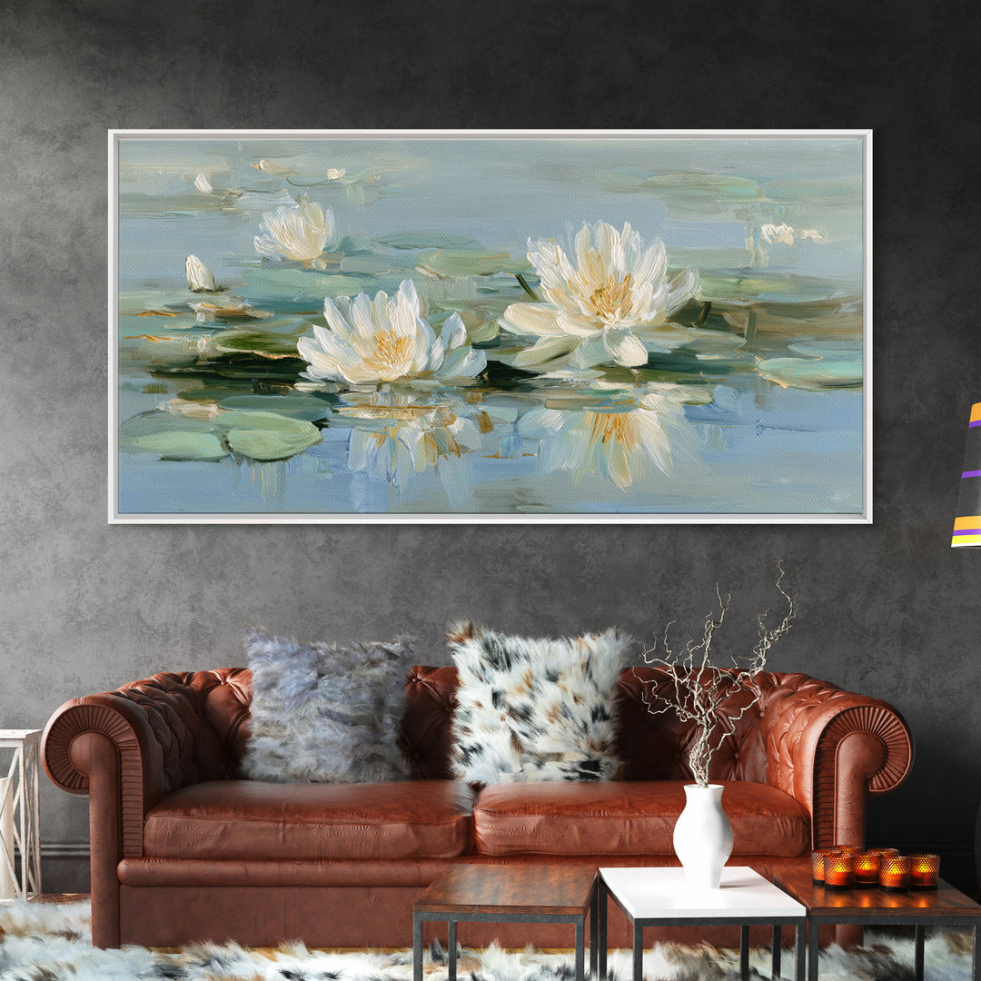 Lotus Flower on Still Water Framed Canvas Print, Waiting Room Art, Contemporary Art, Waiting Room Decor, Oil Painting, Calm, WRA-2x1-83