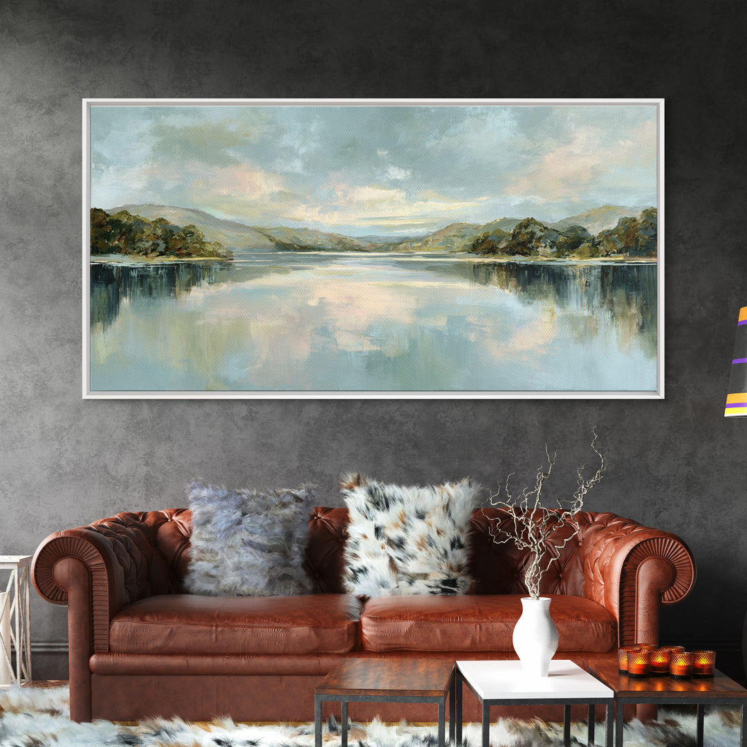 Peaceful Lake Reflection at Dawn Framed Canvas Print, Waiting Room Art, Abstract, Waiting Room Decor, Fine Art, Calm, WRA-2x1-96