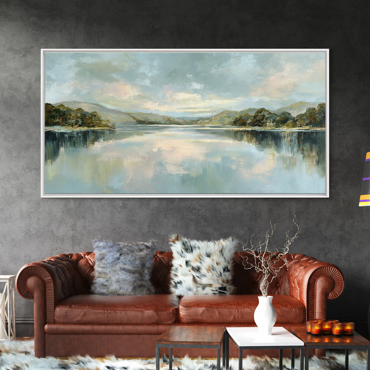Peaceful Lake Reflection at Dawn Framed Canvas Print, Waiting Room Art, Abstract, Waiting Room Decor, Fine Art, Calm, WRA-2x1-96