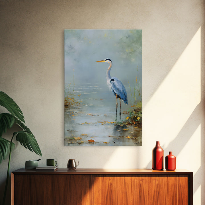 Blue Heron in Quiet Marsh Framed Canvas Print, Waiting Room Art, Original Art, Waiting Room Decor, Oil Painting, Calm, WRA-2x3-20