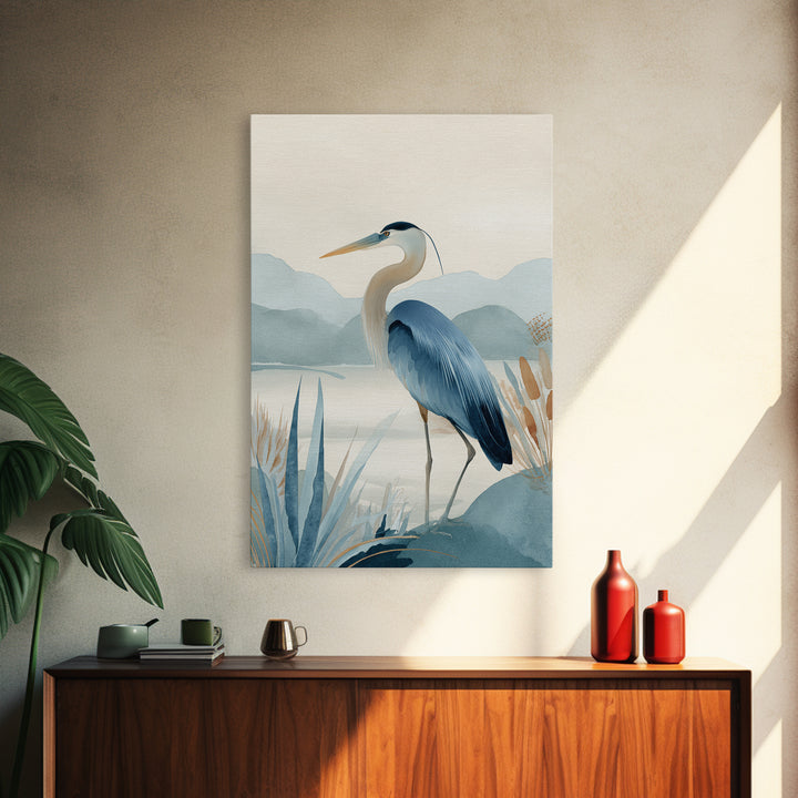 Blue Heron in Quiet Marsh Framed Canvas Print, Waiting Room Art, Fine Art, Waiting Room Decor, Watercolor Art, Calm, WRA-2x3-44