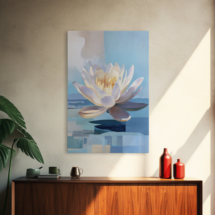 Lotus Flower on Still Water Framed Canvas Print, Waiting Room Art, Wall Art, Waiting Room Decor, Calm, Floral Wall Art, WRA-2x3-47