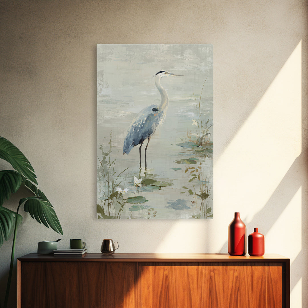 Blue Heron in Quiet Marsh Framed Canvas Print, Waiting Room Art, Bedroom Decor, Waiting Room Decor, Fine Art, Calm, Abstract, WRA-2x3-68