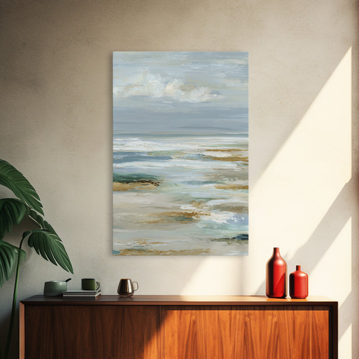 Coastal Horizon with Pale Sand and Water Framed Canvas Print, Waiting Room Art, Minimalist Wall Art, Waiting Room Decor, Calm, WRA-2x3-89