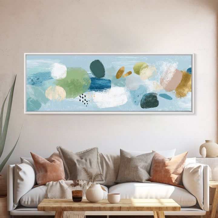 Pastel Rainbow Shapes for Pediatric Spaces Framed Canvas Print, Waiting Room Art, Waiting Room Decor, Abstract Art, Calm, WRA-3x1-10