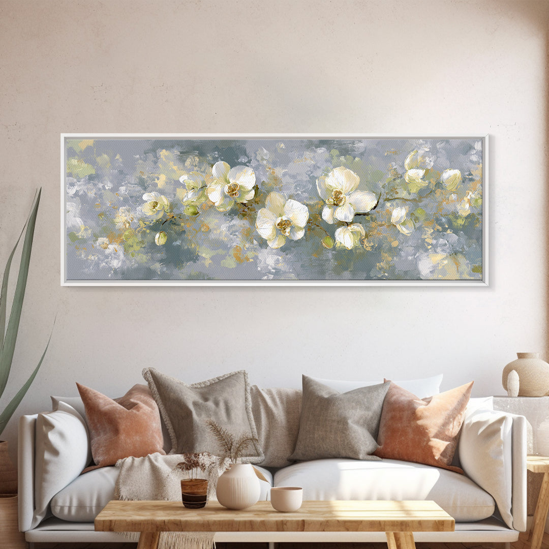 White Orchid on Light Gray Ground Framed Canvas Print, Waiting Room Art, Boho Decor, Waiting Room Decor, Fine Art, Calm, WRA-3x1-23