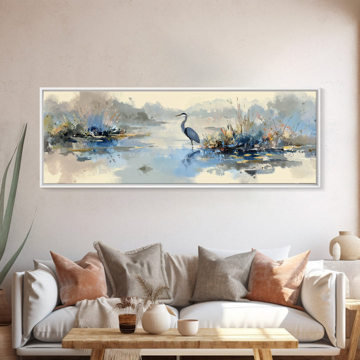 Blue Heron in Quiet Marsh Framed Canvas Print, Waiting Room Art, Dental Art, Waiting Room Decor, Oil Painting, Calm, WRA-3x1-28