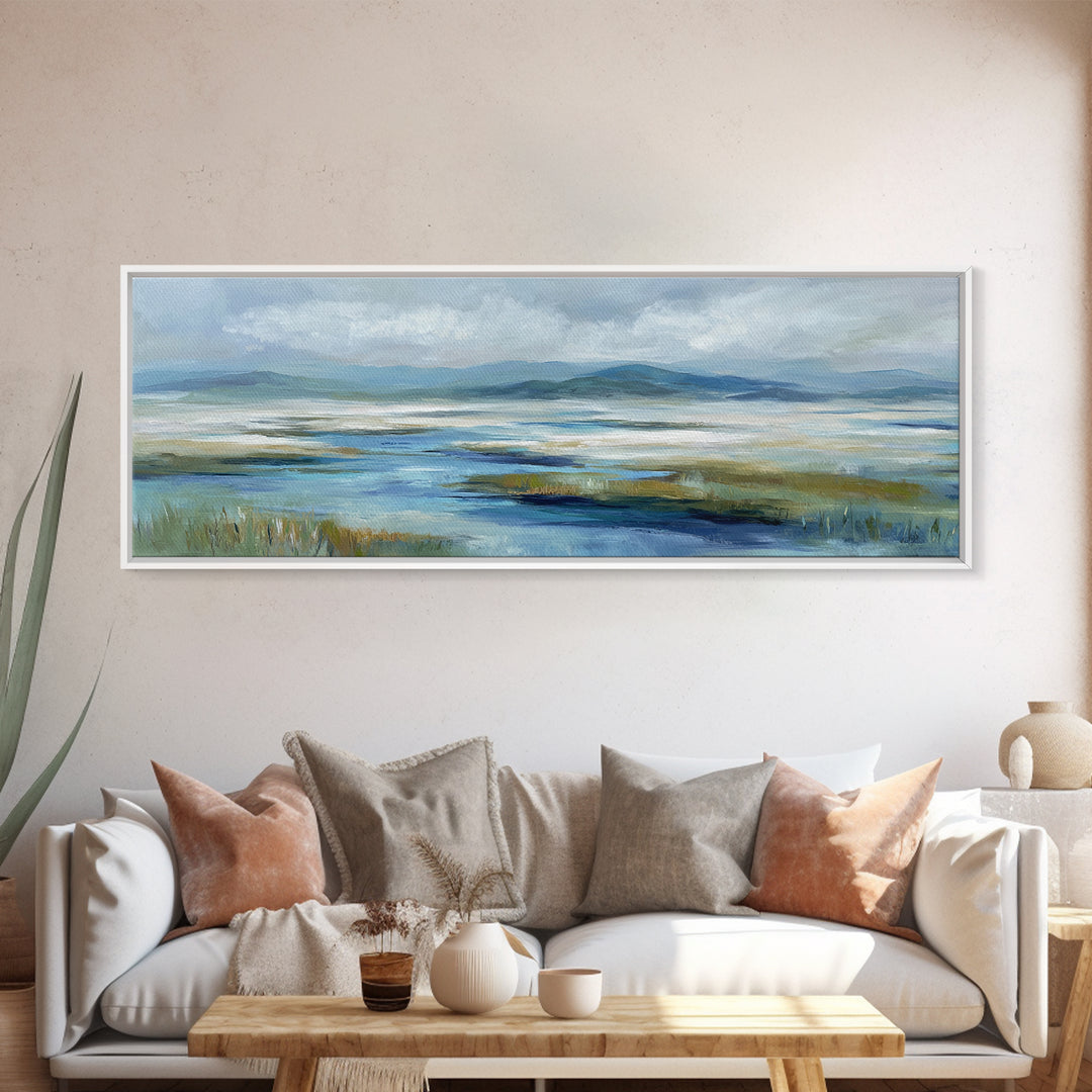 Blue Heron in Quiet Marsh Canvas Print, Waiting Room Art, Dental Wall Art, Waiting Room Decor, Watercolor Art, Calm, WRA-3x1-4