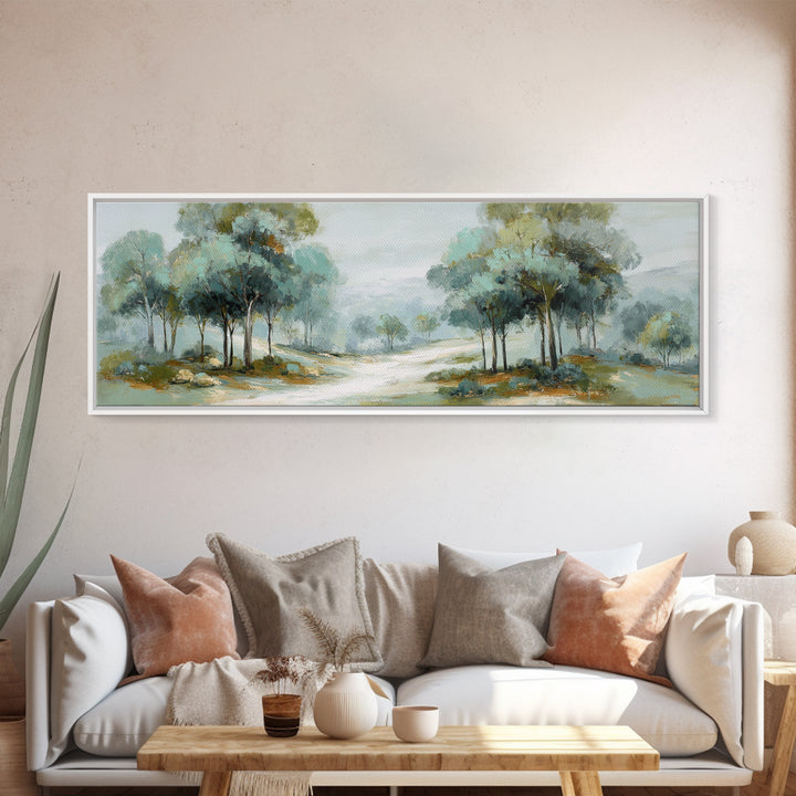Misty Forest Path Framed Canvas Print, Waiting Room Art, Waiting Room Decor, Oil Painting, Calm, Office Wall Decor, WRA-3x1-51