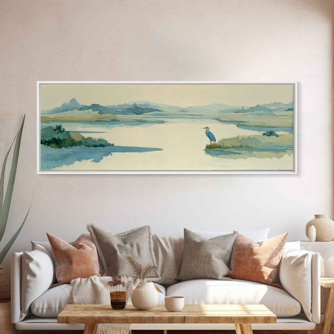 Blue Heron in Quiet Marsh Framed Canvas Print, Waiting Room Art, Room Decor, Waiting Room Decor, Abstract Art, Calm, WRA-3x1-52