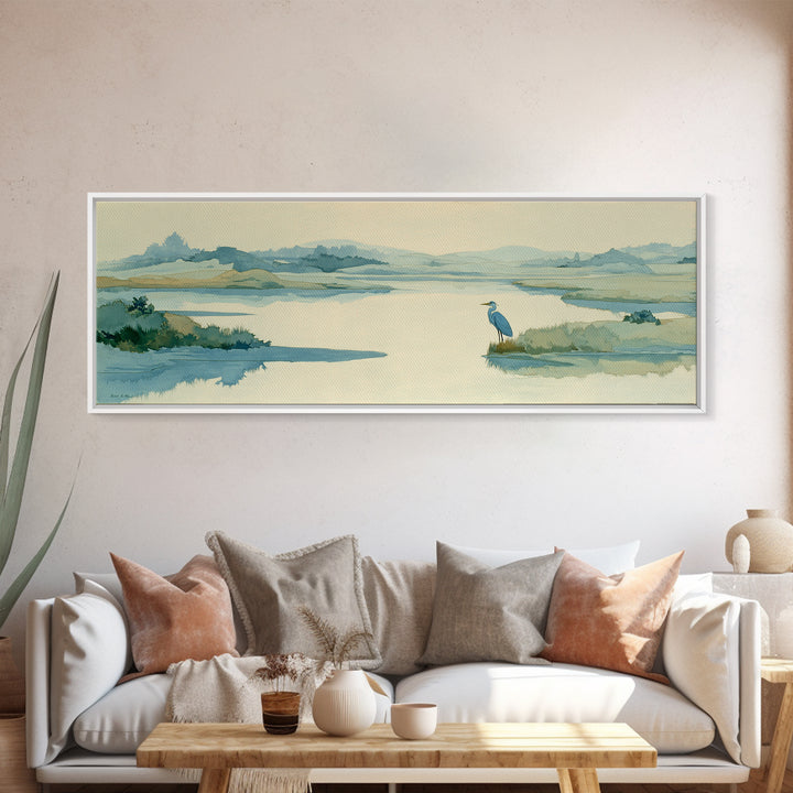 Blue Heron in Quiet Marsh Framed Canvas Print, Waiting Room Art, Room Decor, Waiting Room Decor, Abstract Art, Calm, WRA-3x1-52