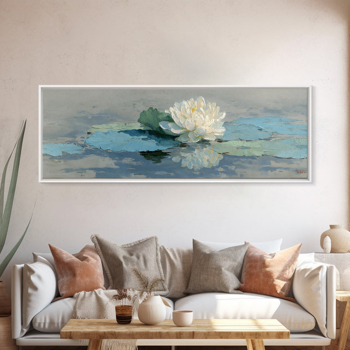Lotus Flower on Still Water Framed Canvas Print, Waiting Room Art, Contemporary Art, Waiting Room Decor, Oil Painting, Calm, WRA-3x1-55