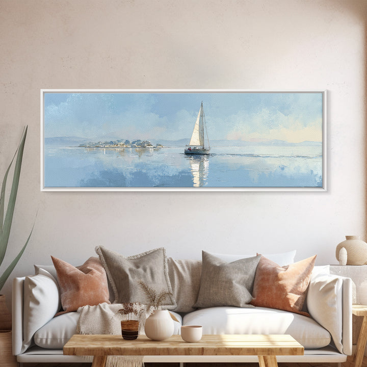 Quiet Sailboat on Calm Water Framed Canvas Print, Waiting Room Art, Wall Art, Waiting Room Decor, Calm, Floral Wall Art, WRA-3x1-59