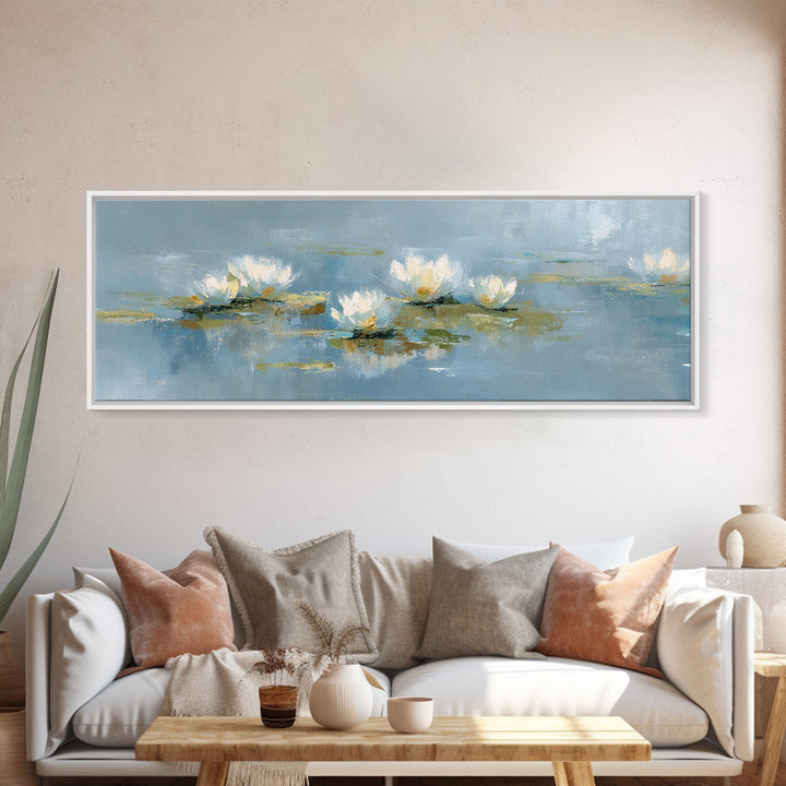 Lotus Flower on Still Water Framed Canvas Print, Waiting Room Art, Neutral Decor, Waiting Room Decor, Fine Art, Calm, WRA-3x1-7