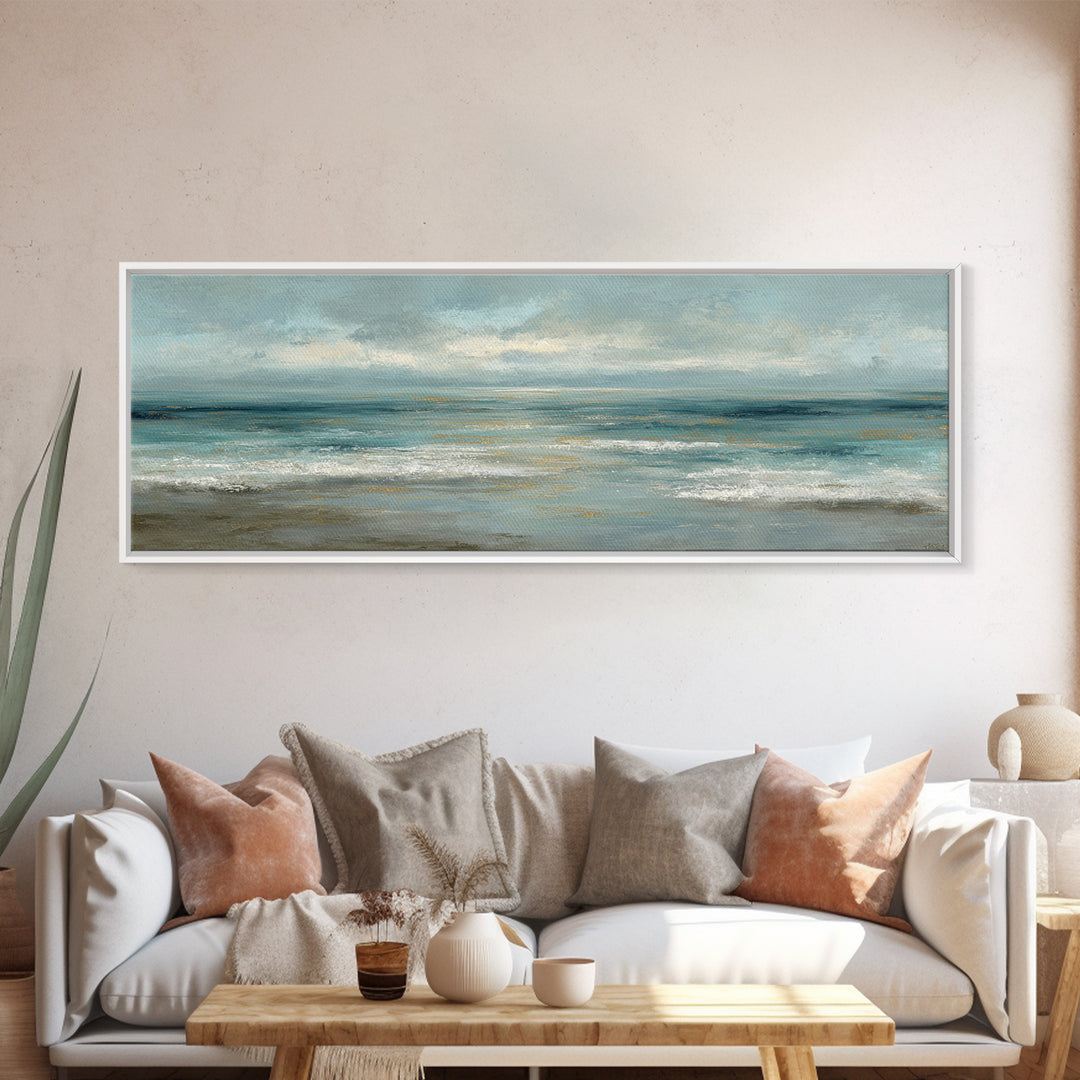 Coastal Horizon with Pale Sand and Water Framed Canvas Print, Waiting Room Art, Minimalist Art, Waiting Room Decor, WRA-3x1-73