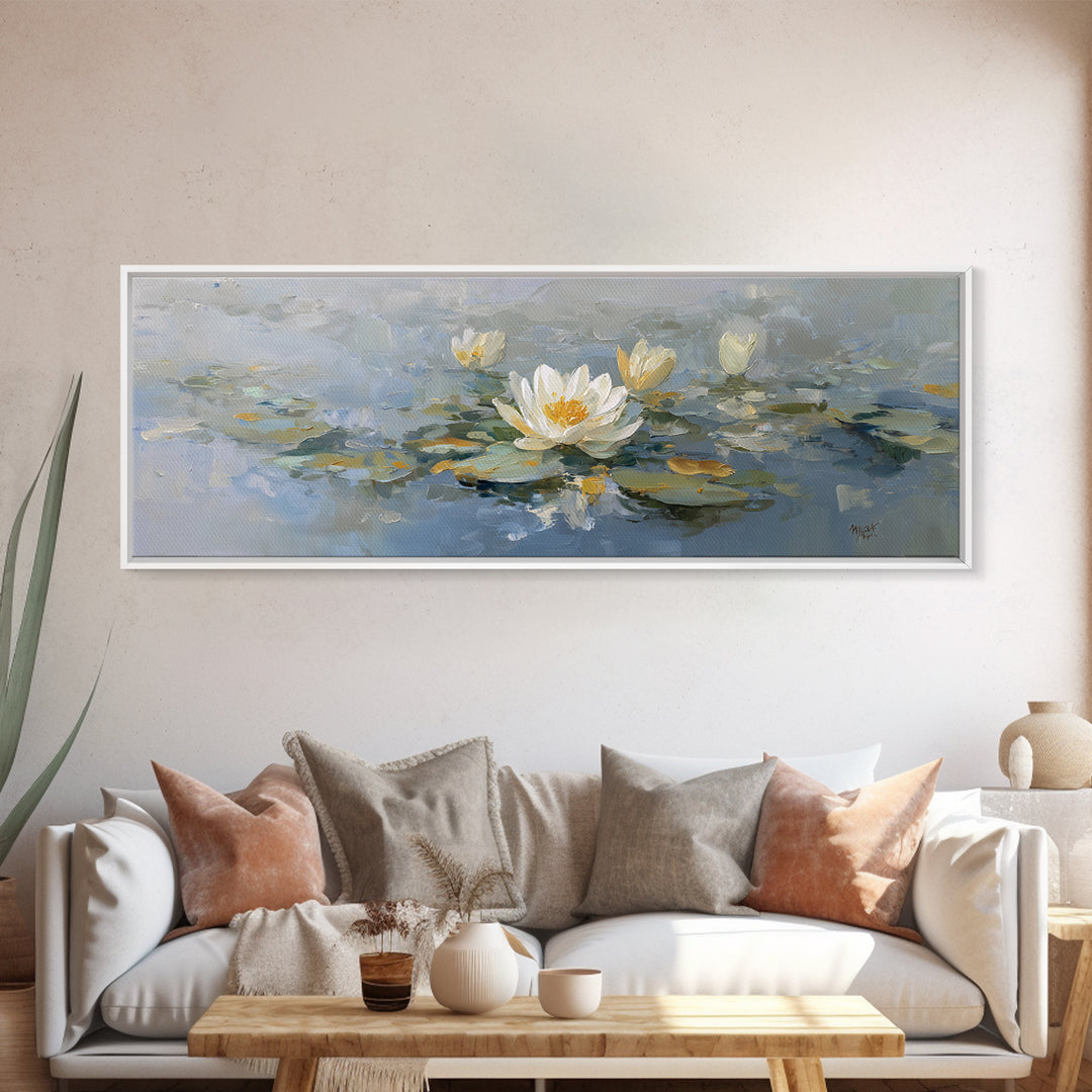 Lotus Flower on Still Water Framed Canvas Print, Waiting Room Art, Wall Sculpture, Waiting Room Decor, Watercolor Art, Calm, WRA-3x1-79