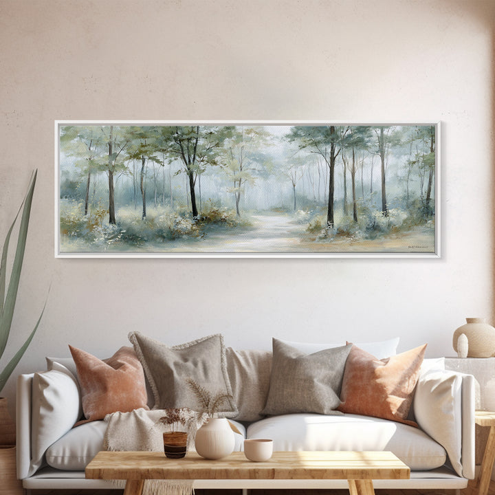 Misty Forest Path Framed Canvas Print, Waiting Room Art, Waiting Room Decor, Oil Painting, Calm, Office Wall Art, WRA-3x1-99