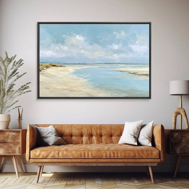 Coastal Horizon with Pale Sand and Water Framed Canvas Print, Waiting Room Art, Minimalist Wall Art, Waiting Room Decor, Calm, WRA-3x2-13