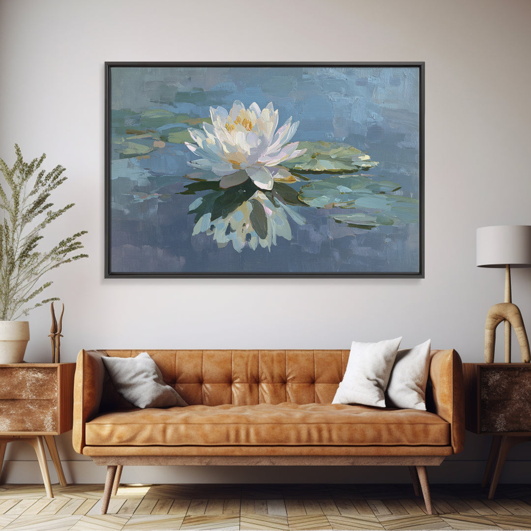 Lotus Flower on Still Water Framed Canvas Print, Waiting Room Art, Dog Wall Art, Waiting Room Decor, Fine Art, Calm, Boho Decor, WRA-3x2-19