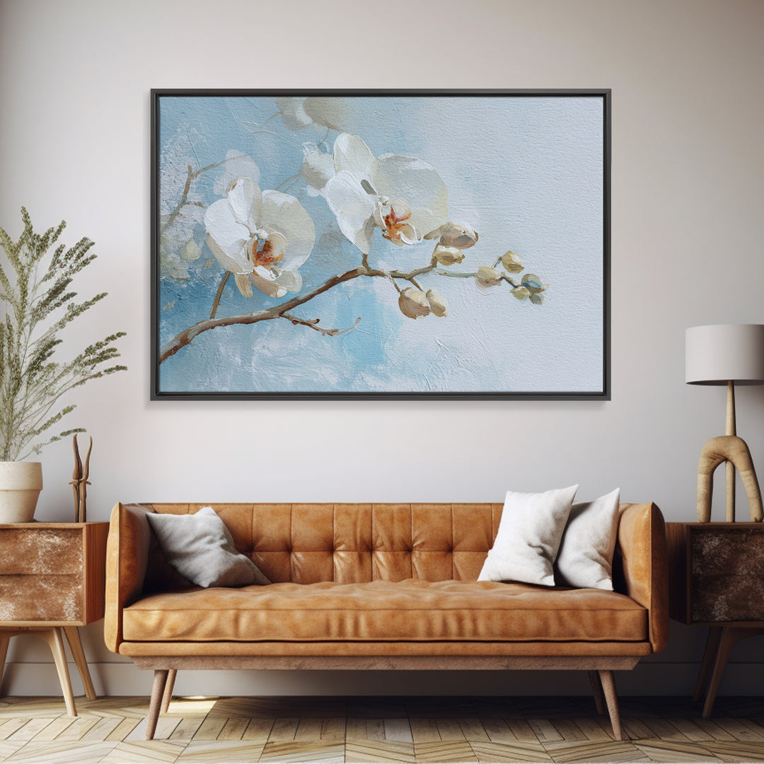 White Orchid on Light Gray Ground Framed Canvas Print, Waiting Room Art, Dental Office Decor, Waiting Room Decor, Calm, WRA-3x2-35