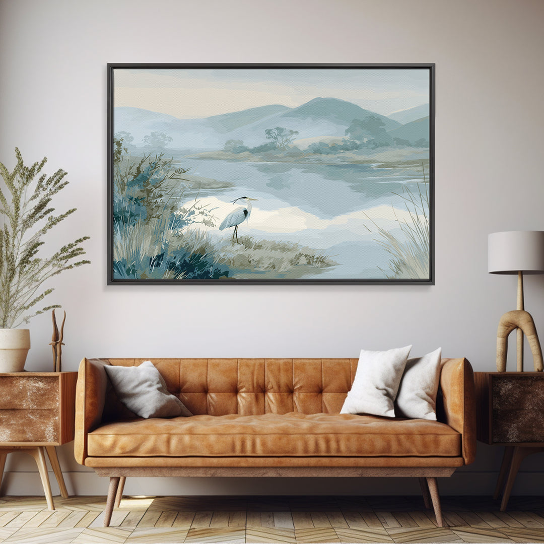 Blue Heron in Quiet Marsh Framed Canvas Print, Waiting Room Art, Landscape, Waiting Room Decor, Oil Painting, Calm, WRA-3x2-40
