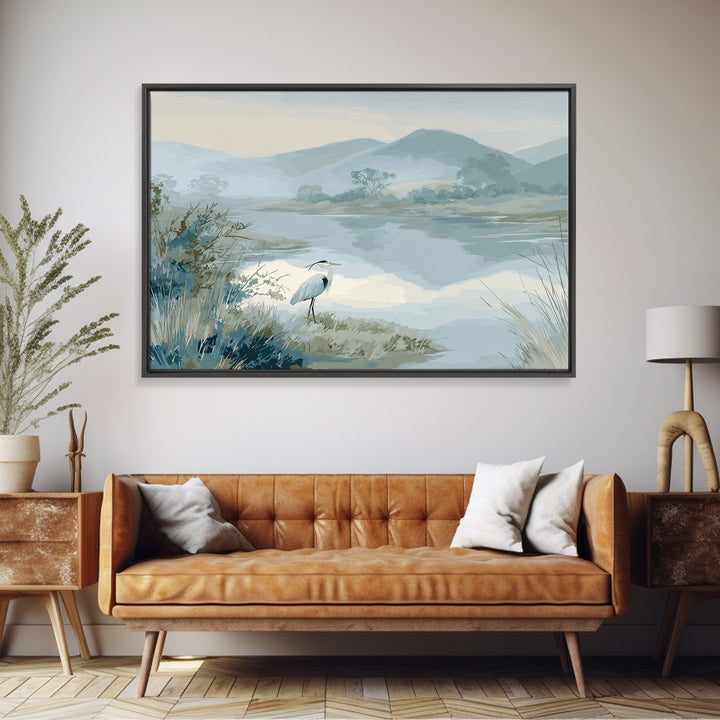 Blue Heron in Quiet Marsh Framed Canvas Print, Waiting Room Art, Landscape, Waiting Room Decor, Oil Painting, Calm, WRA-3x2-40