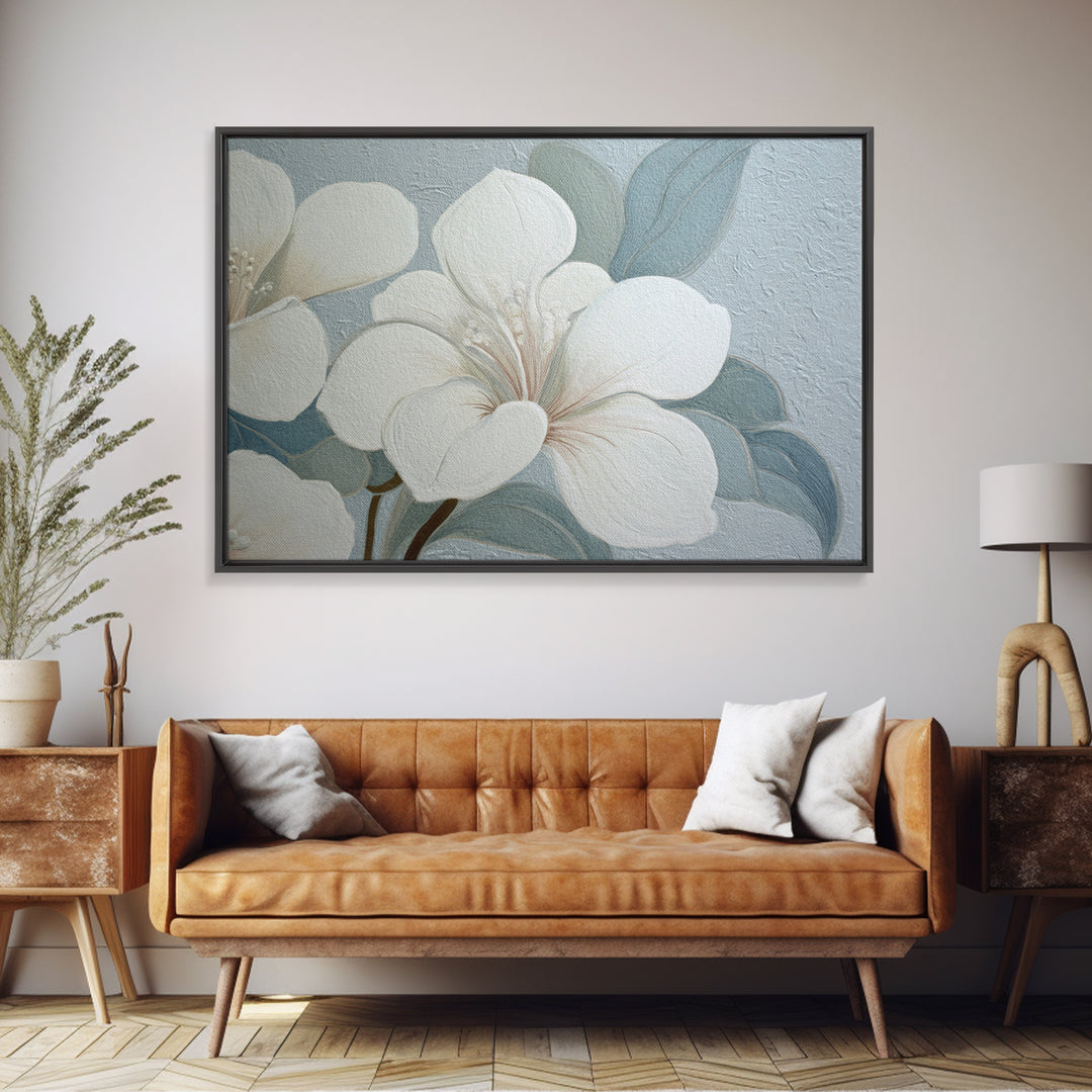 White Orchid on Light Gray Ground Framed Canvas Print, Waiting Room Art, Art Print, Waiting Room Decor, Oil Painting, Calm, WRA-3x2-59