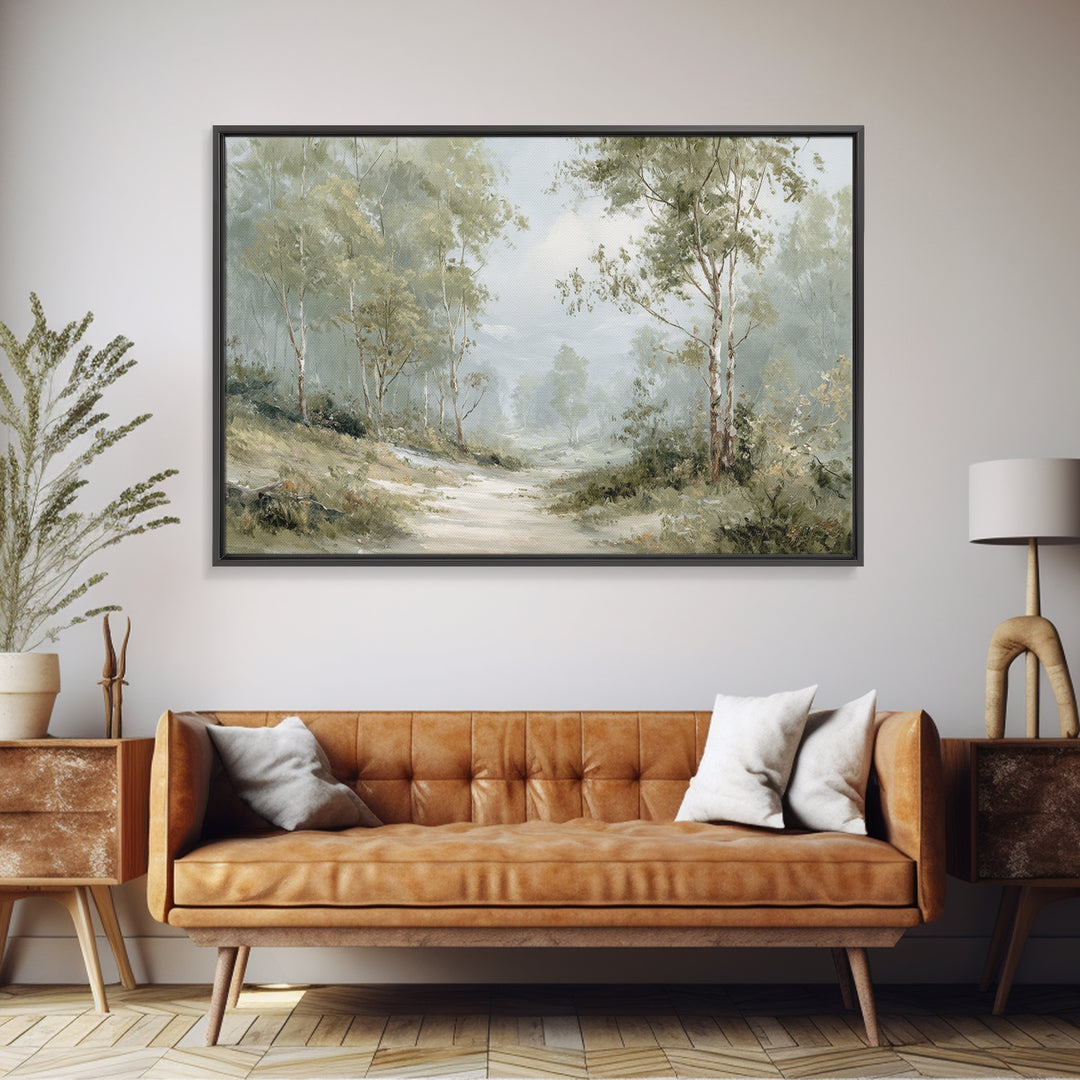 Misty Forest Path Framed Canvas Print, Waiting Room Art, Wall Sculpture, Waiting Room Decor, Oil Painting, Calm, Dog Wall Art, WRA-3x2-63