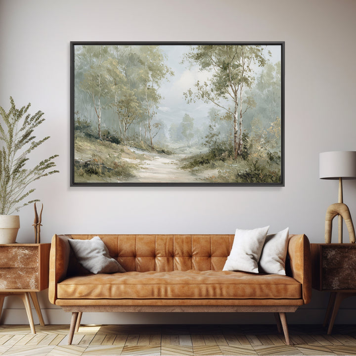 Misty Forest Path Framed Canvas Print, Waiting Room Art, Wall Sculpture, Waiting Room Decor, Oil Painting, Calm, Dog Wall Art, WRA-3x2-63