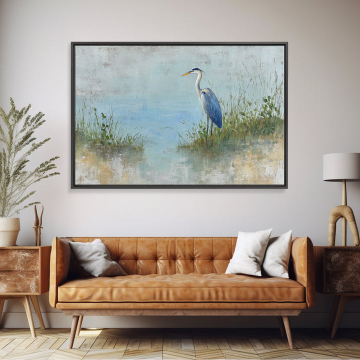 Blue Heron in Quiet Marsh Framed Canvas Print, Waiting Room Art, Gallery Decor, Waiting Room Decor, Abstract Art, Calm, WRA-3x2-64